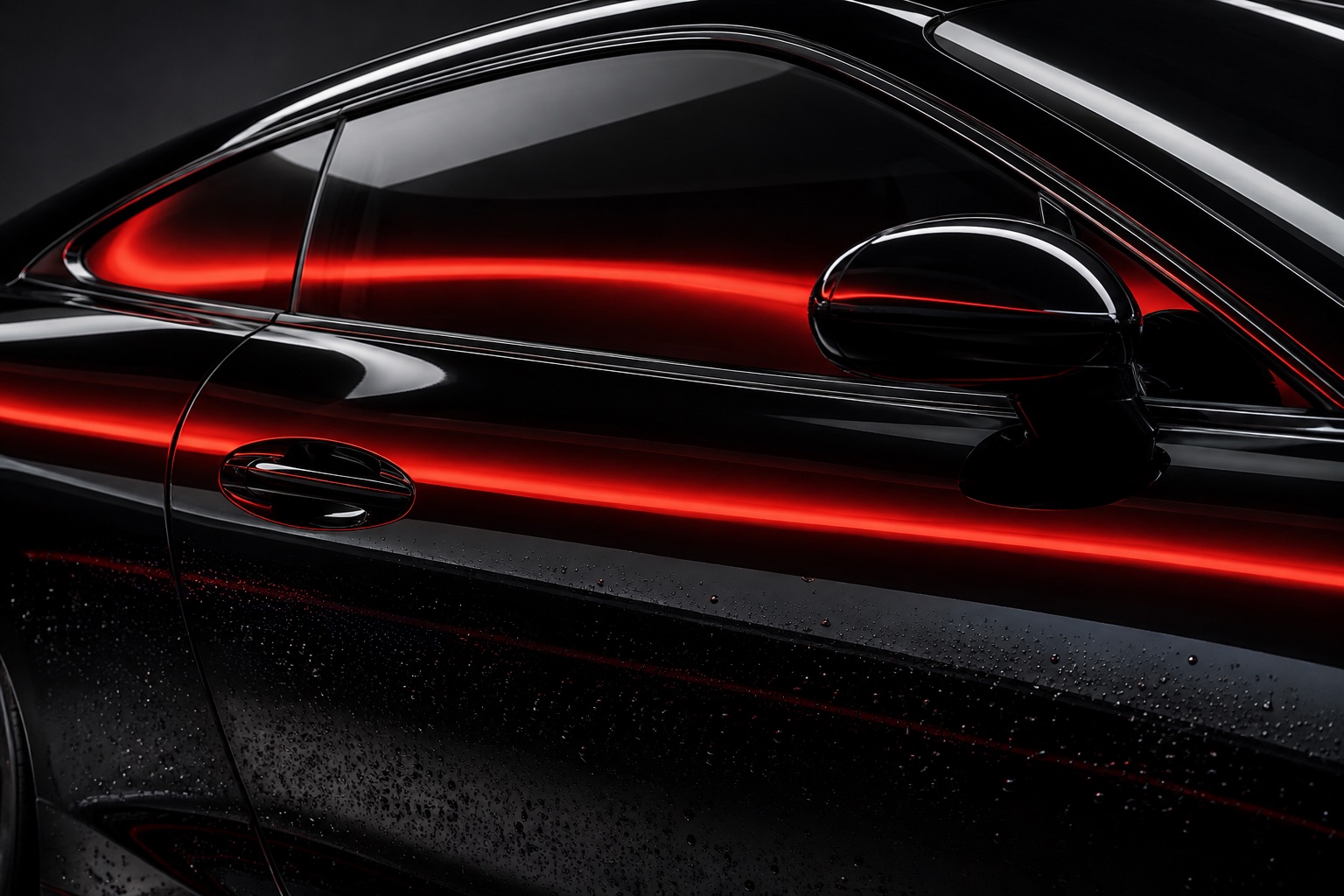 Illustrative black automotive glass and paint with a red studio reflection